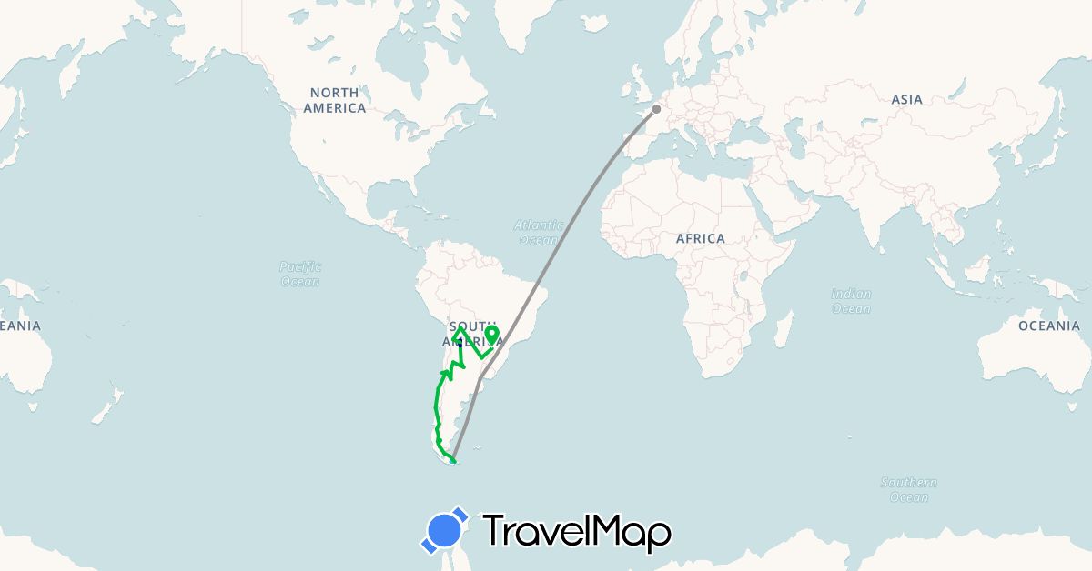 TravelMap itinerary: driving, bus, plane, boat in Argentina, Bolivia, Brazil, Chile, France (Europe, South America)